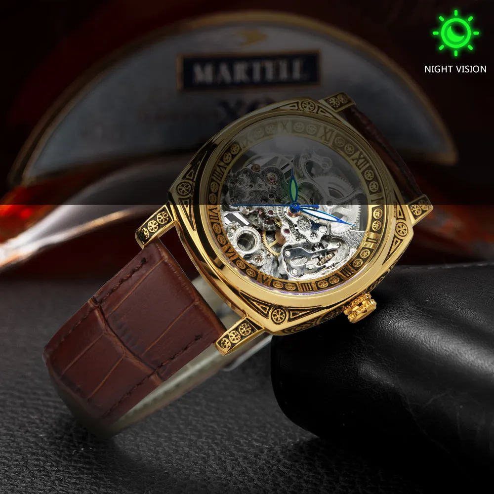 Luxury Vintage Square Skeleton Automatic Mechanical Watch for Men Engraving Case Luminous Hands Genuine Leather Strap