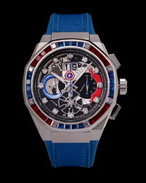 Marvel Captain America TQ023J-D1 (Silver) with Blue Red Crystal (Blue Leather with Silicone Strap)