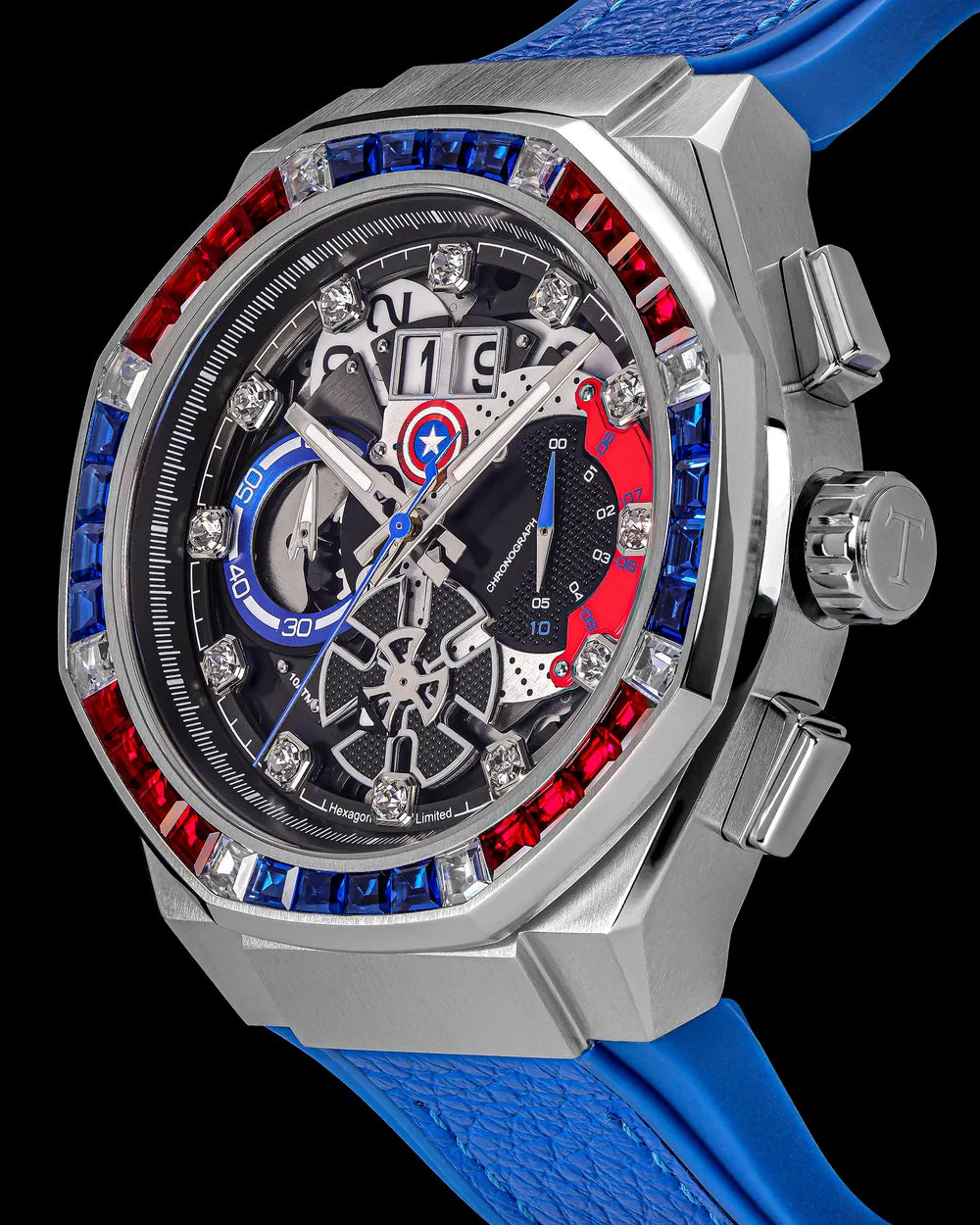 Marvel Captain America TQ023J-D1 (Silver) with Blue Red Crystal (Blue Leather with Silicone Strap)