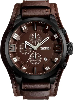 MASTOP Mens Wide Leather Cuff Sport Watch Analog Quartz Watches Waterproof Chronograph Watch