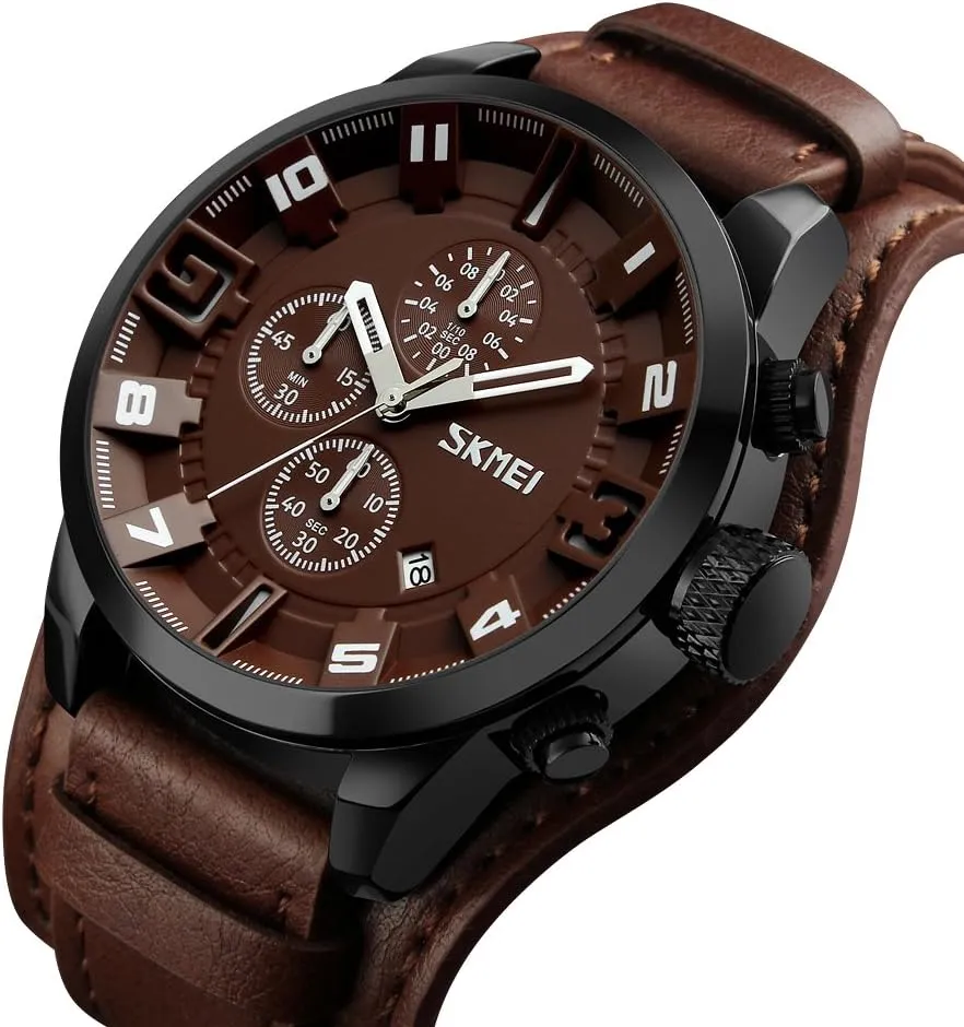 MASTOP Mens Wide Leather Cuff Sport Watch Analog Quartz Watches Waterproof Chronograph Watch