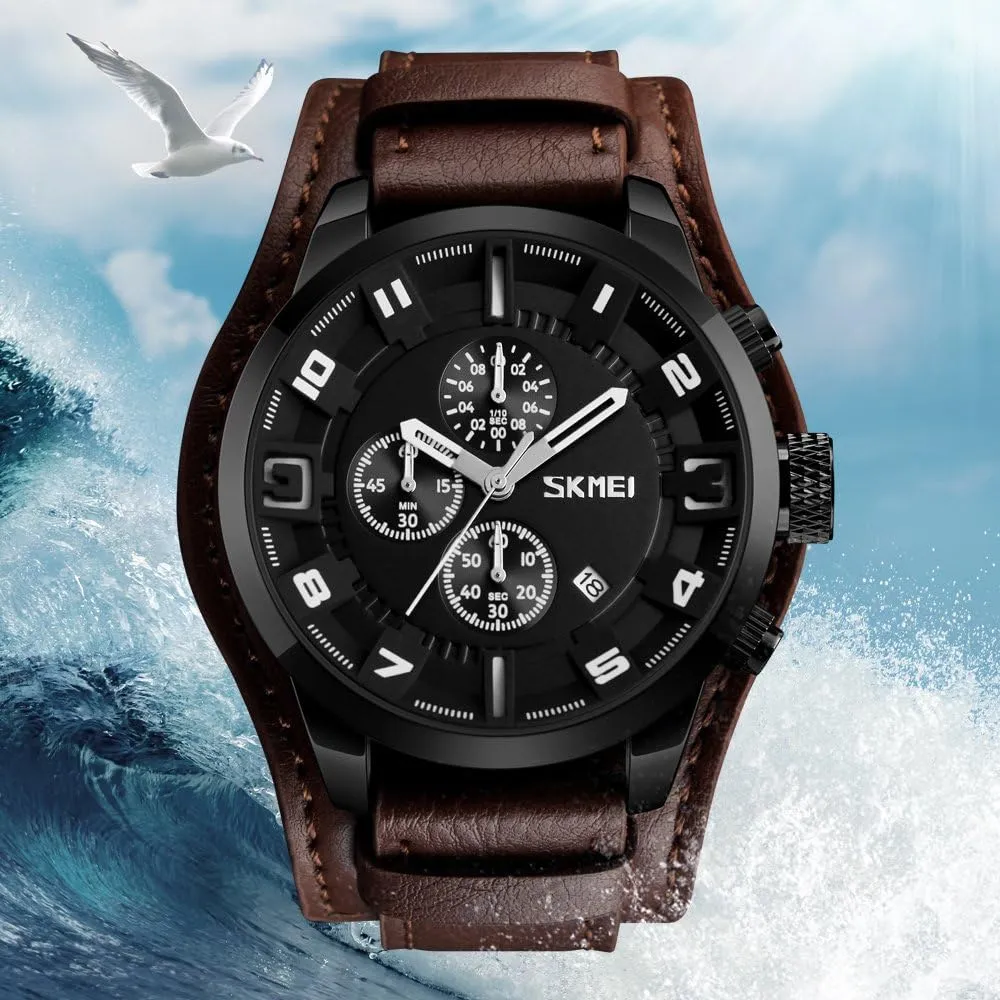 MASTOP Mens Wide Leather Cuff Sport Watch Analog Quartz Watches Waterproof Chronograph Watch