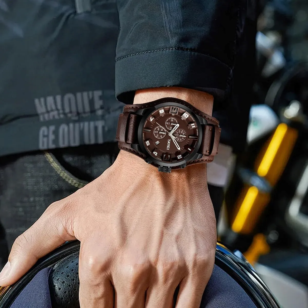 MASTOP Mens Wide Leather Cuff Sport Watch Analog Quartz Watches Waterproof Chronograph Watch