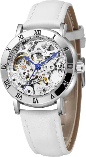 MASTOP Women's Watches Automatic Steampunk Self Winding Mechanical Silver Bracelet Ladies Skeleton Wrist Watch