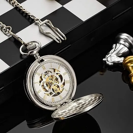 Mechanical Pocket Watches for Men, Lucky Dragon and Phoenix, Skeleton Pocket Watch with Chain