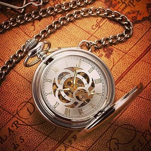Mechanical Pocket Watches for Men, Lucky Dragon and Phoenix, Skeleton Pocket Watch with Chain