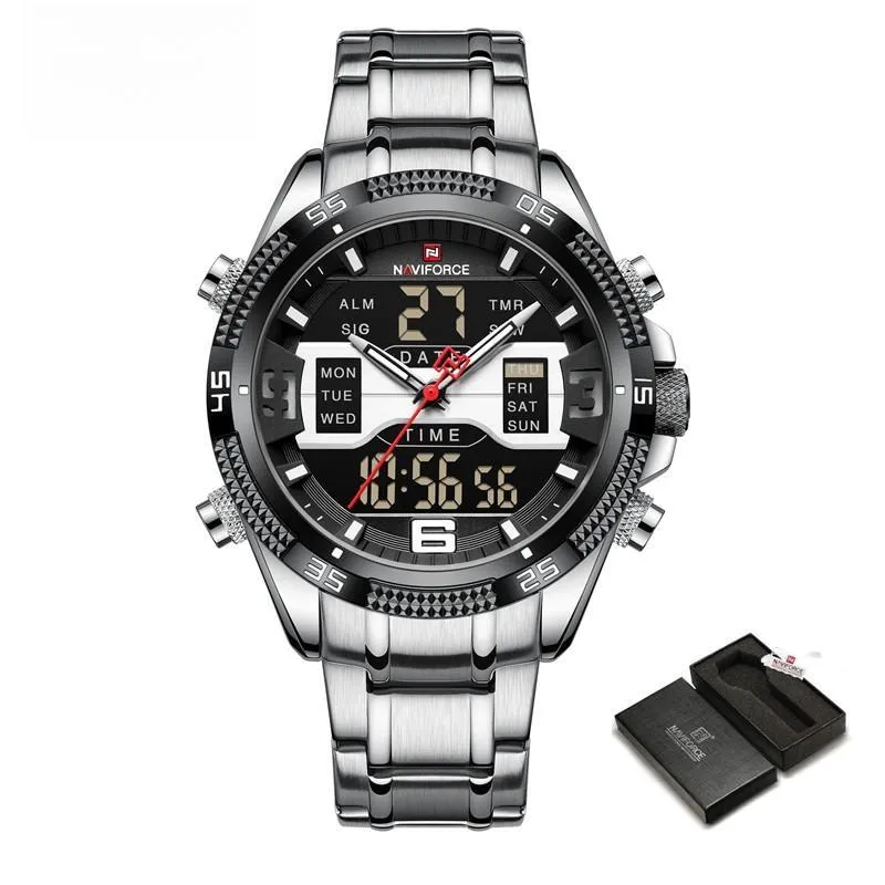 Men Watches Stainless Steel Waterproof Lcd Display Analog Digital Quartz Wristwatches