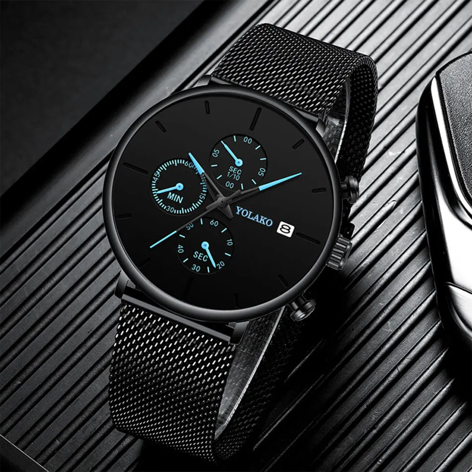 Men's Fashion Watch Stainless Steel Mesh Belt Calendar Quartz Sport Watches