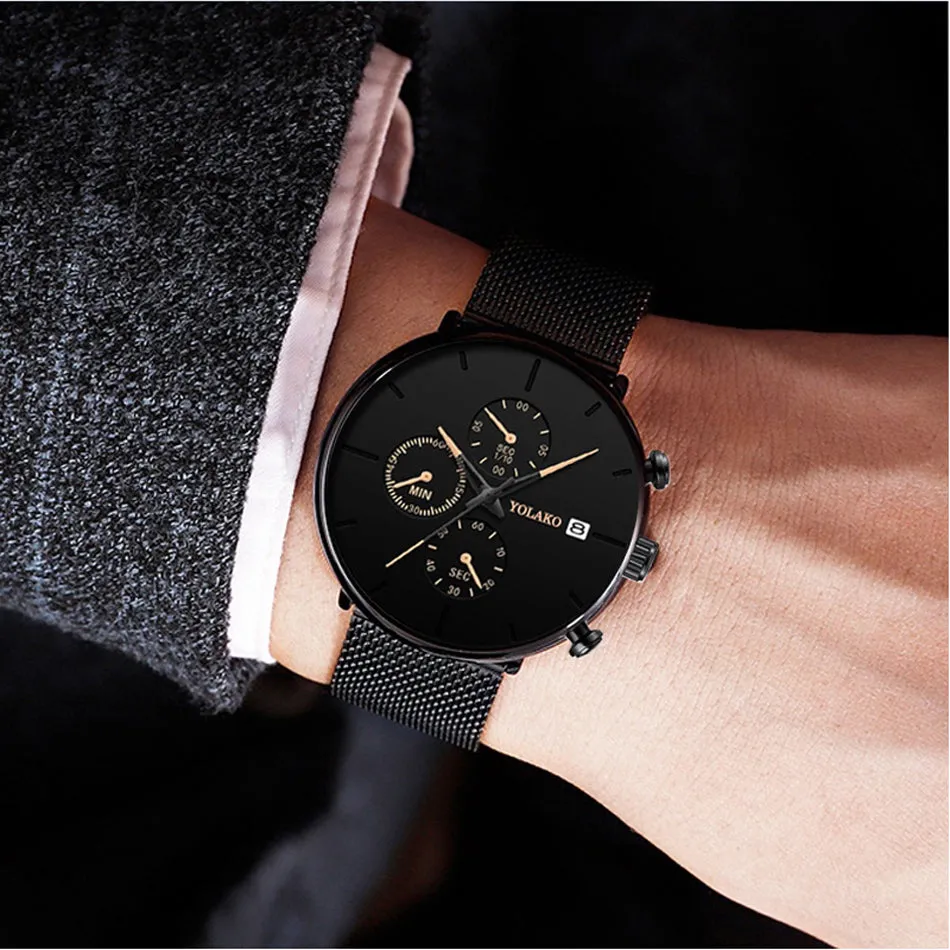 Men's Fashion Watch Stainless Steel Mesh Belt Calendar Quartz Sport Watches