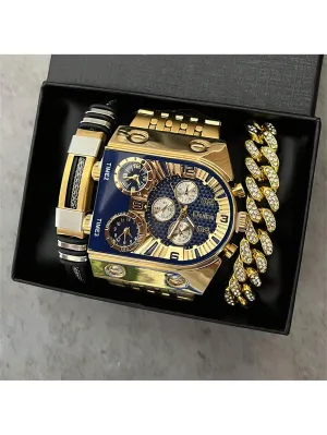 Men's Multifunctional Alloy Strap Large Dial Waterproof Quartz Watch