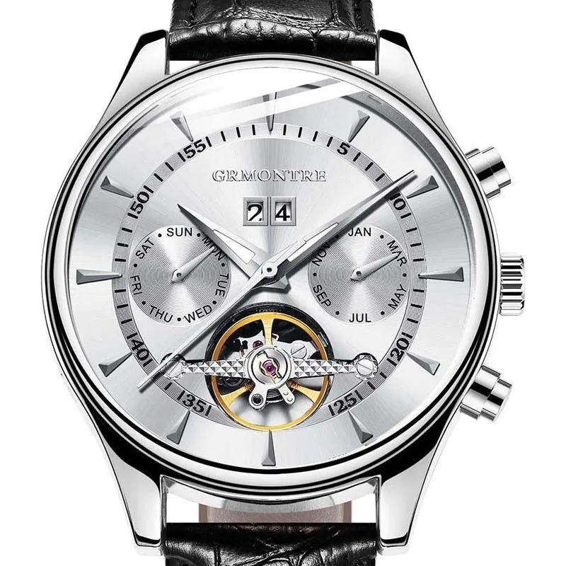 Men's Skeleton Tourbillon Mechanical Watch Automatic Classic Rose Gold Leather Band Wrist Watch
