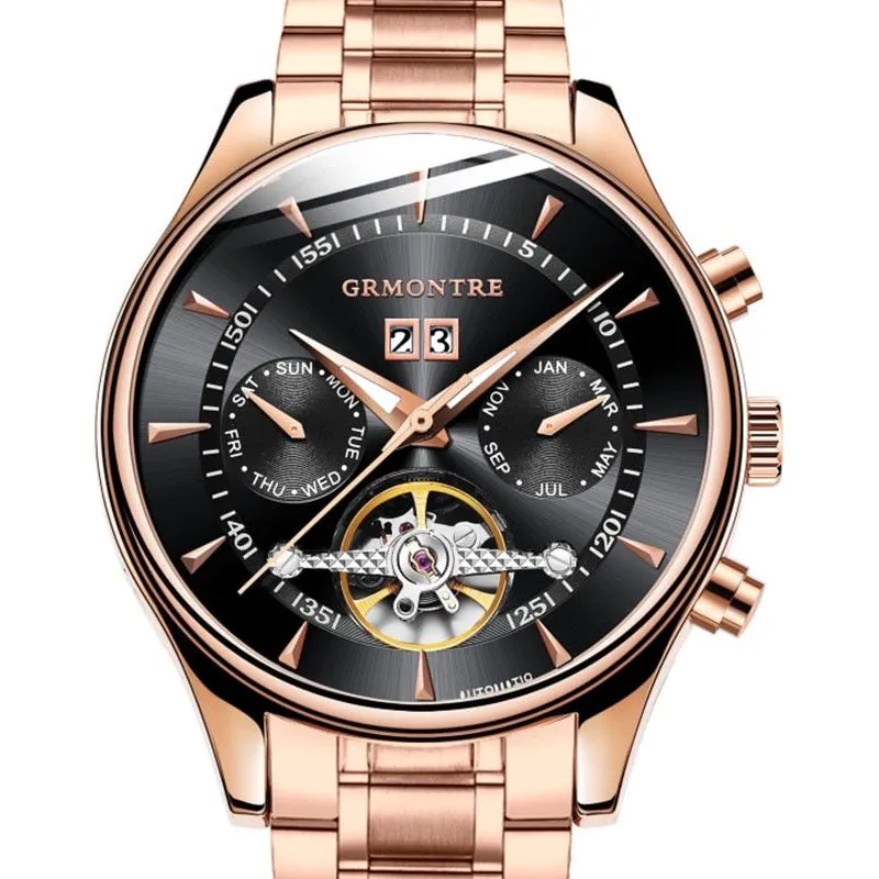 Men's Skeleton Tourbillon Mechanical Watch Automatic Classic Rose Gold Leather Band Wrist Watch
