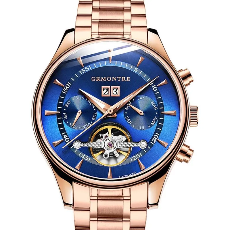 Men's Skeleton Tourbillon Mechanical Watch Automatic Classic Rose Gold Leather Band Wrist Watch