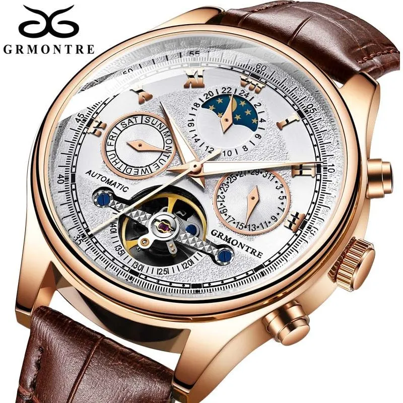 Men's Skeleton Tourbillon Mechanical Watch Automatic Classic Rose Gold Leather Band Wrist Watch