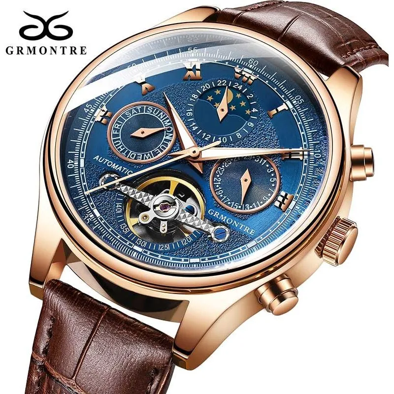 Men's Skeleton Tourbillon Mechanical Watch Automatic Classic Rose Gold Leather Band Wrist Watch