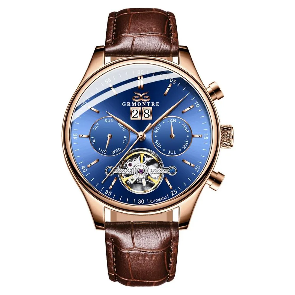 Men's Skeleton Tourbillon Mechanical Watch Automatic Classic Rose Gold Leather Band Wrist Watch