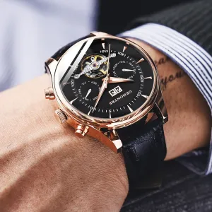 Men's Skeleton Tourbillon Mechanical Watch Automatic Classic Rose Gold Leather Band Wrist Watch