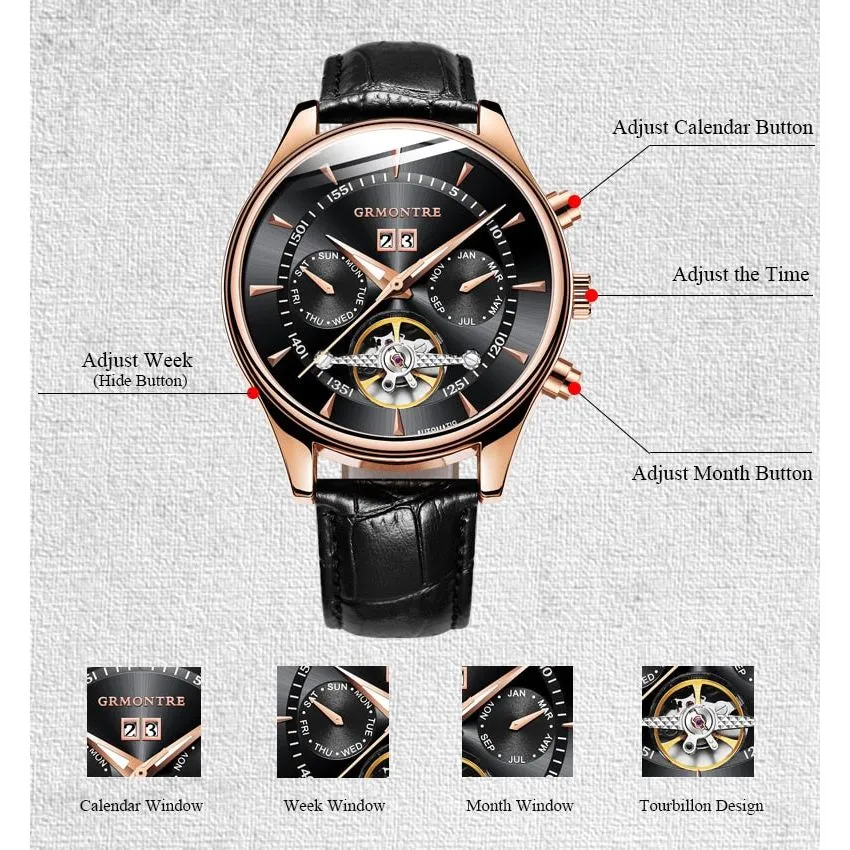 Men's Skeleton Tourbillon Mechanical Watch Automatic Classic Rose Gold Leather Band Wrist Watch