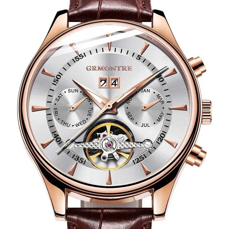 Men's Skeleton Tourbillon Mechanical Watch Automatic Classic Rose Gold Leather Band Wrist Watch