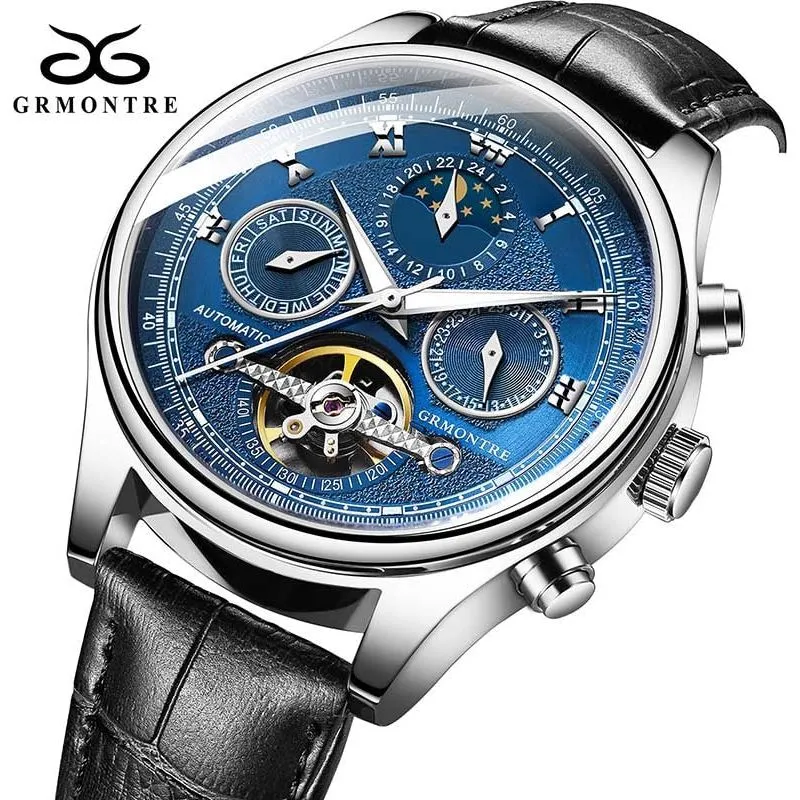Men's Skeleton Tourbillon Mechanical Watch Automatic Classic Rose Gold Leather Band Wrist Watch