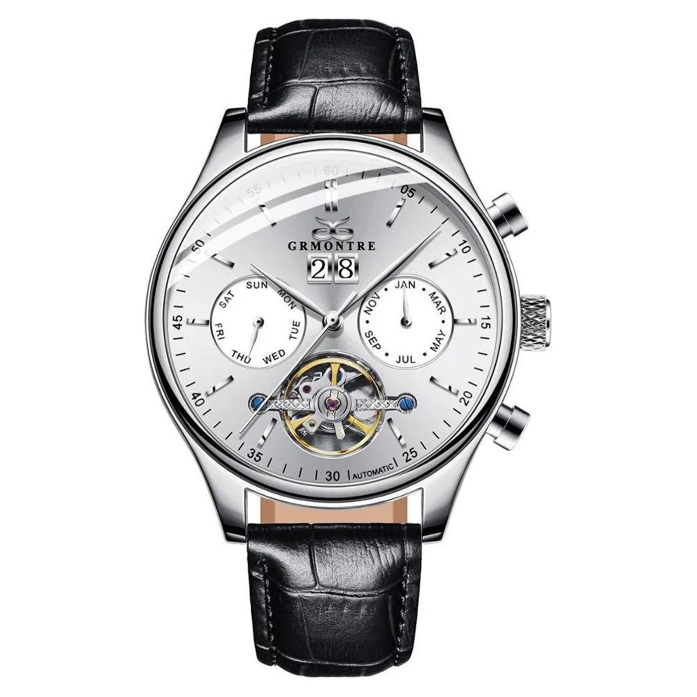 Men's Skeleton Tourbillon Mechanical Watch Automatic Classic Rose Gold Leather Band Wrist Watch