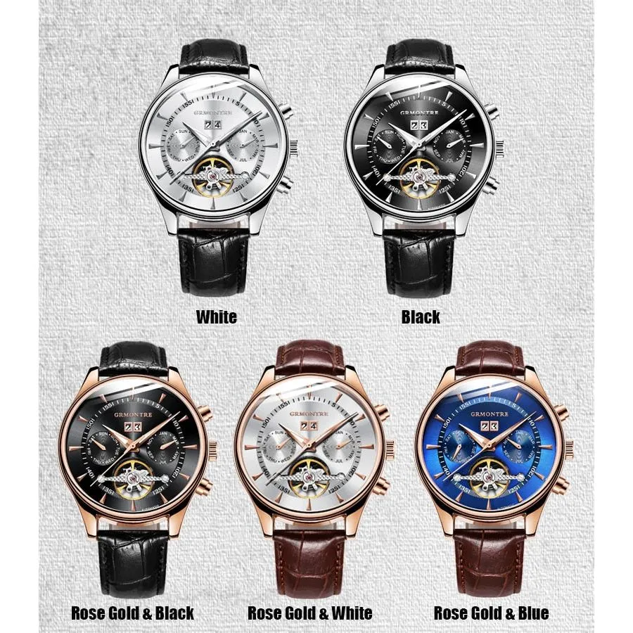 Men's Skeleton Tourbillon Mechanical Watch Automatic Classic Rose Gold Leather Band Wrist Watch
