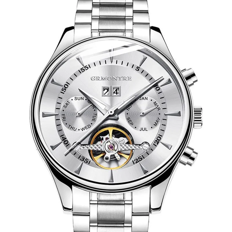 Men's Skeleton Tourbillon Mechanical Watch Automatic Classic Rose Gold Leather Band Wrist Watch