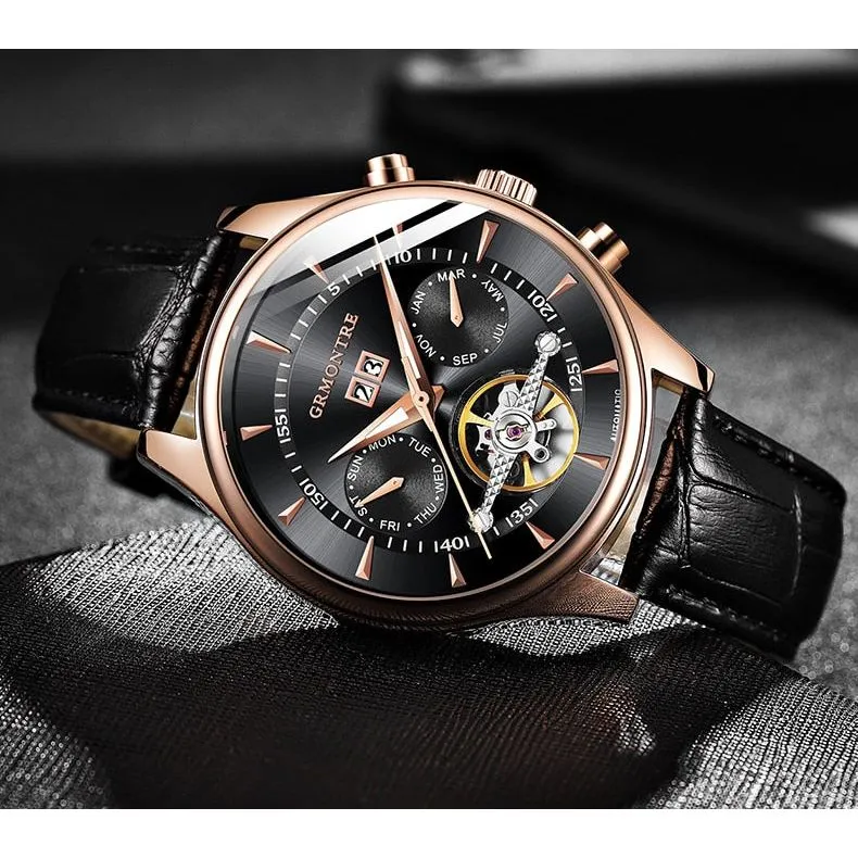 Men's Skeleton Tourbillon Mechanical Watch Automatic Classic Rose Gold Leather Band Wrist Watch
