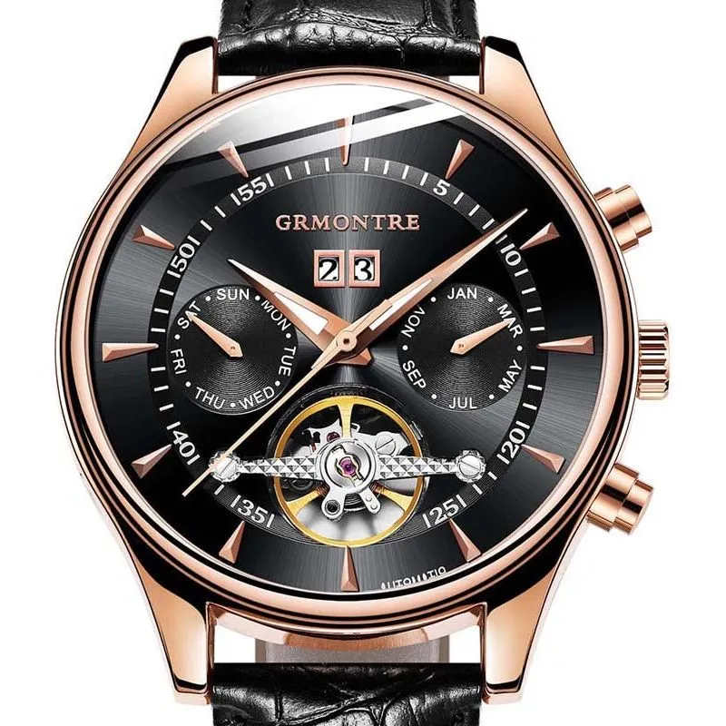 Men's Skeleton Tourbillon Mechanical Watch Automatic Classic Rose Gold Leather Band Wrist Watch