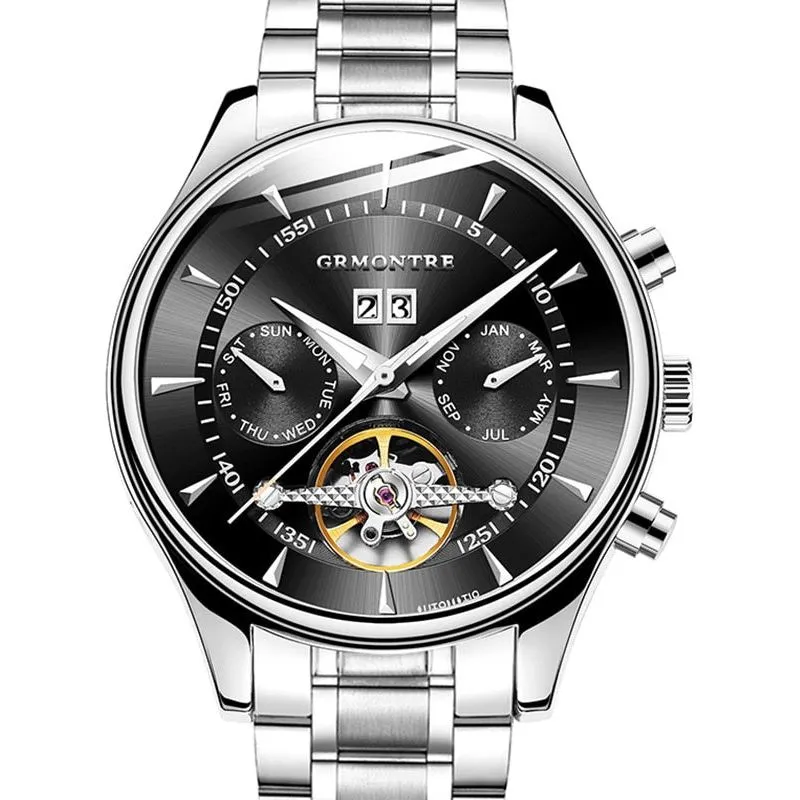 Men's Skeleton Tourbillon Mechanical Watch Automatic Classic Rose Gold Leather Band Wrist Watch