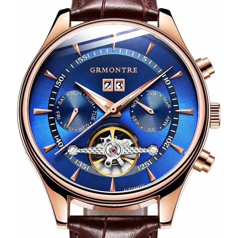 Men's Skeleton Tourbillon Mechanical Watch Automatic Classic Rose Gold Leather Band Wrist Watch