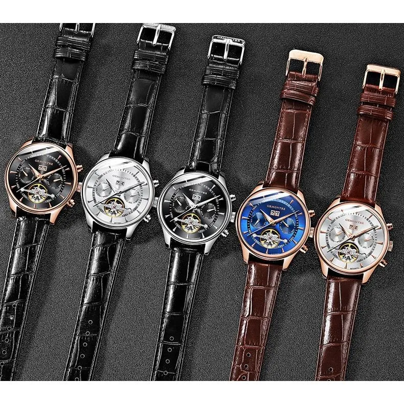 Men's Skeleton Tourbillon Mechanical Watch Automatic Classic Rose Gold Leather Band Wrist Watch