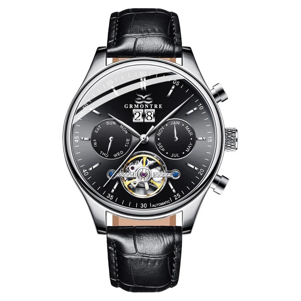Men's Skeleton Tourbillon Mechanical Watch Automatic Classic Rose Gold Leather Band Wrist Watch