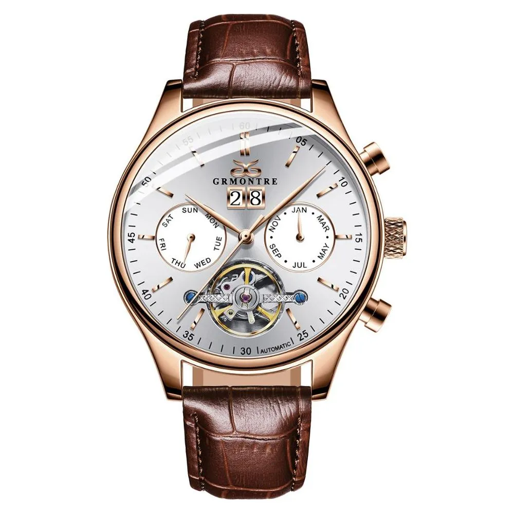 Men's Skeleton Tourbillon Mechanical Watch Automatic Classic Rose Gold Leather Band Wrist Watch