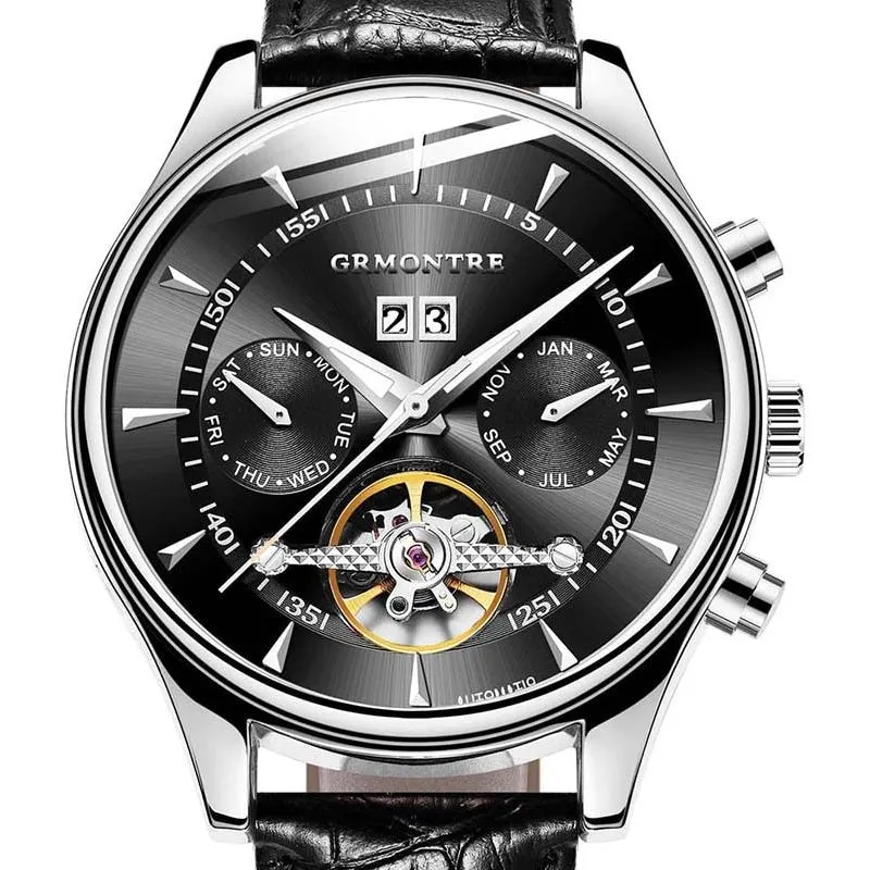 Men's Skeleton Tourbillon Mechanical Watch Automatic Classic Rose Gold Leather Band Wrist Watch