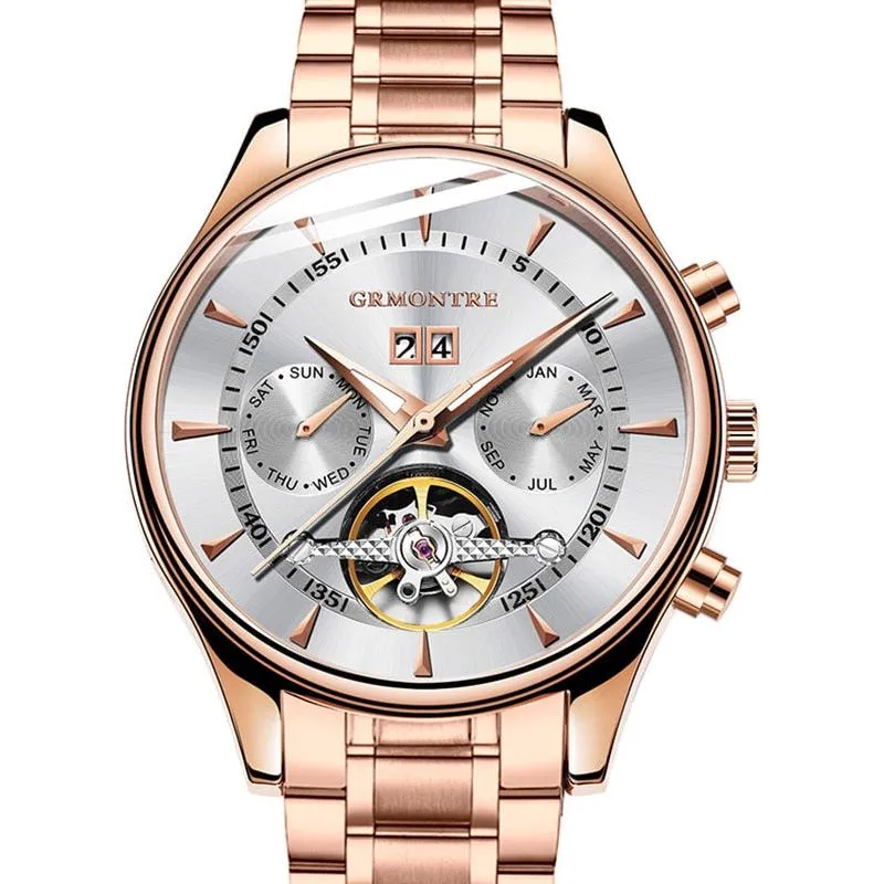 Men's Skeleton Tourbillon Mechanical Watch Automatic Classic Rose Gold Leather Band Wrist Watch