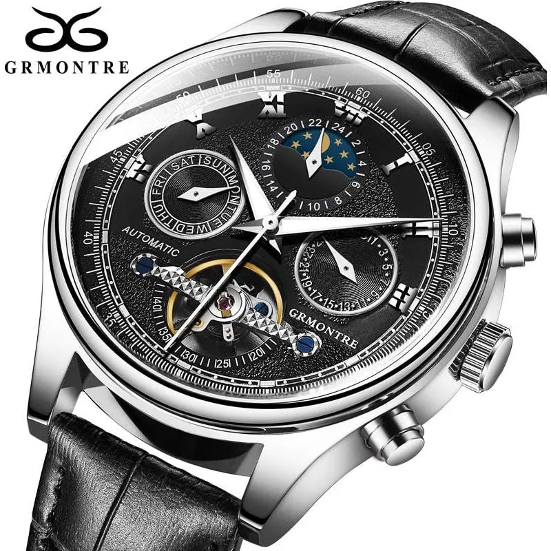 Men's Skeleton Tourbillon Mechanical Watch Automatic Classic Rose Gold Leather Band Wrist Watch