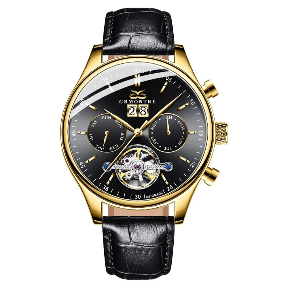 Men's Skeleton Tourbillon Mechanical Watch Automatic Classic Rose Gold Leather Band Wrist Watch