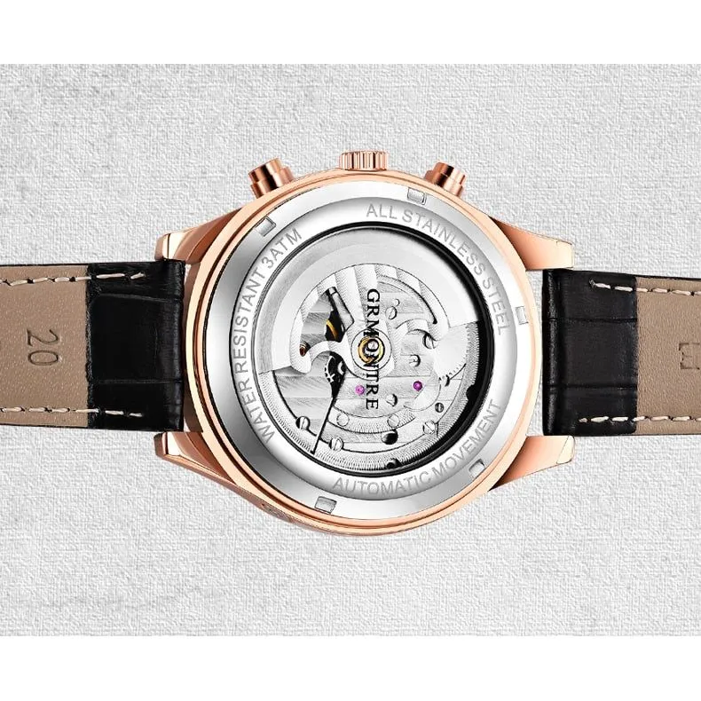 Men's Skeleton Tourbillon Mechanical Watch Automatic Classic Rose Gold Leather Band Wrist Watch