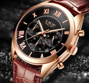 Men's Watch Top Brand LIGE Luxury Waterproof Date Quartz Leather Sport Chronogra