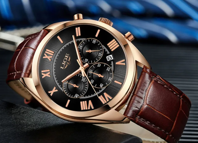 Men's Watch Top Brand LIGE Luxury Waterproof Date Quartz Leather Sport Chronogra