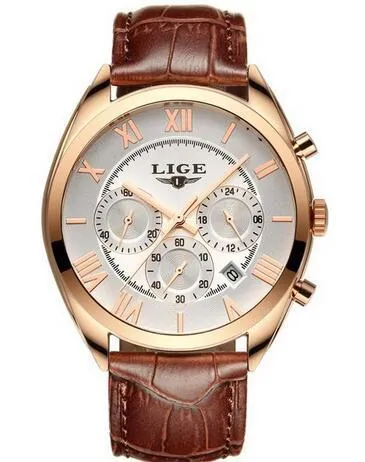 Men's Watch Top Brand LIGE Luxury Waterproof Date Quartz Leather Sport Chronogra