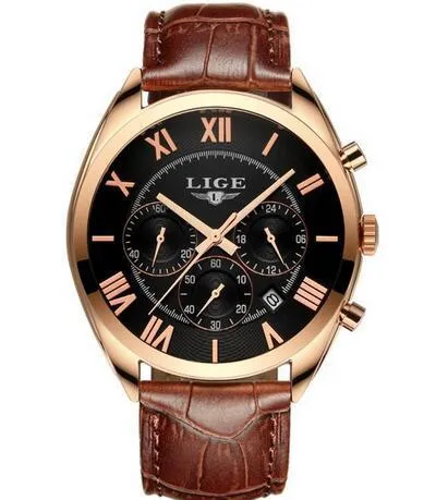 Men's Watch Top Brand LIGE Luxury Waterproof Date Quartz Leather Sport Chronogra