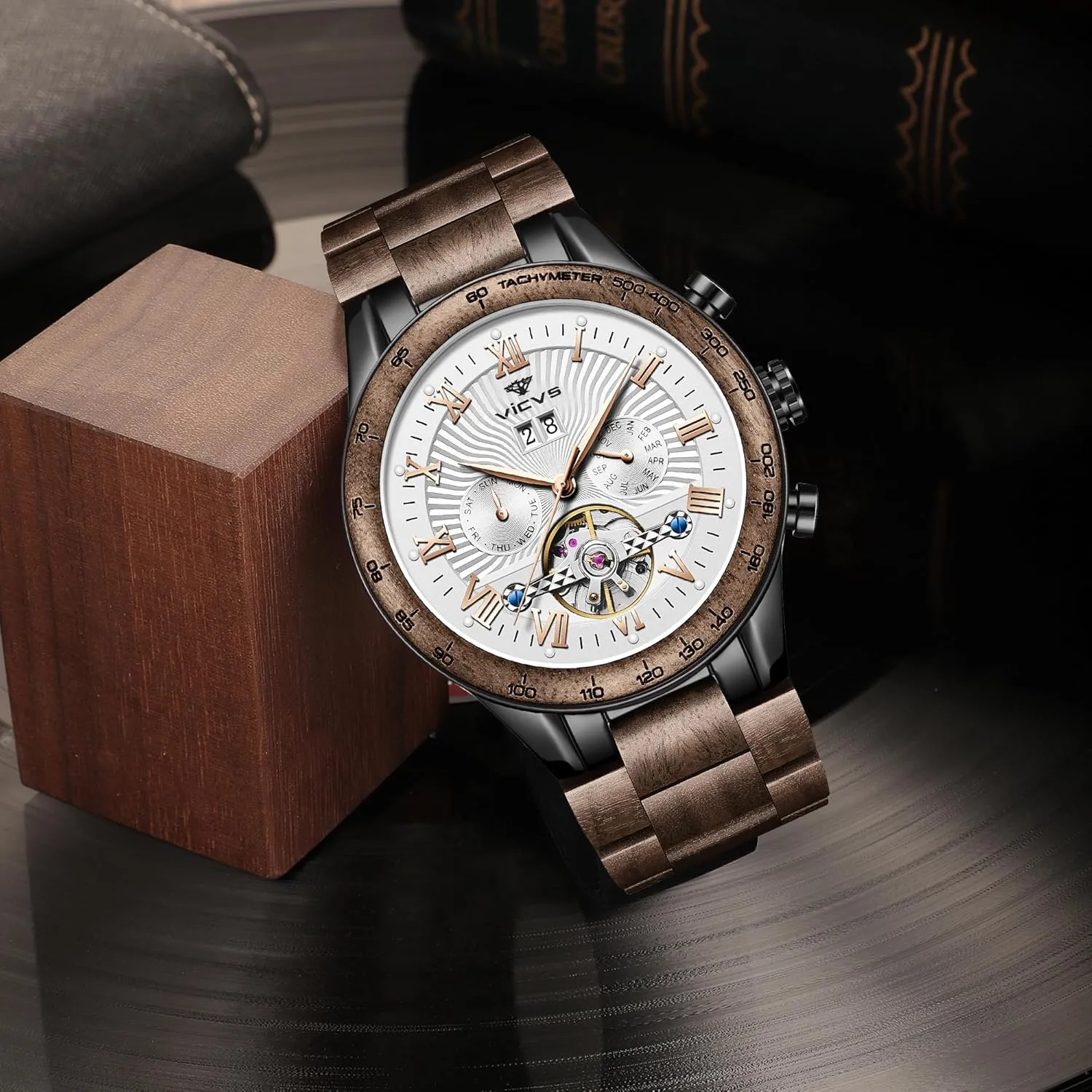Natural Walnut Automatic Men's Wooden Watch Date Day Multifunctional Automatic Business Wooden Watch