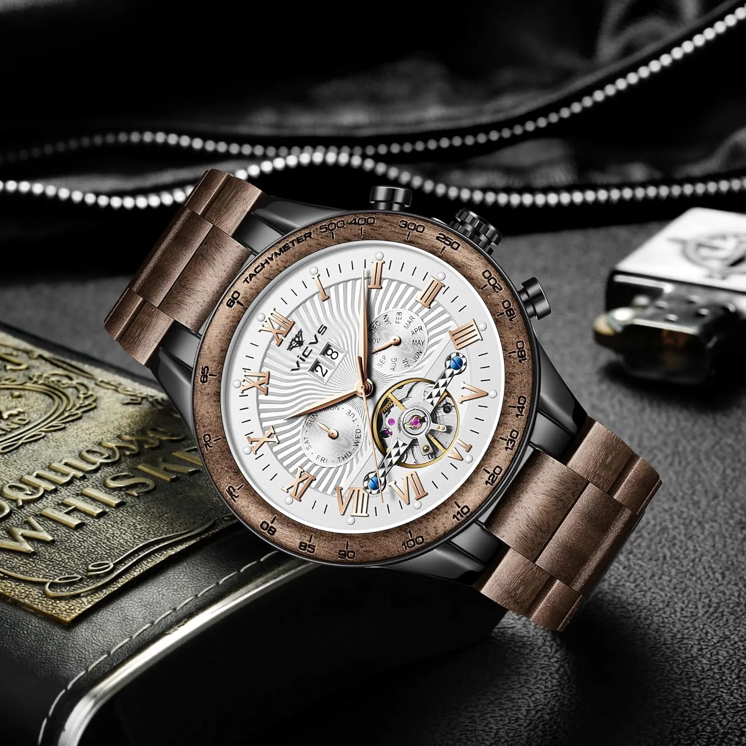 Natural Walnut Automatic Men's Wooden Watch Date Day Multifunctional Automatic Business Wooden Watch
