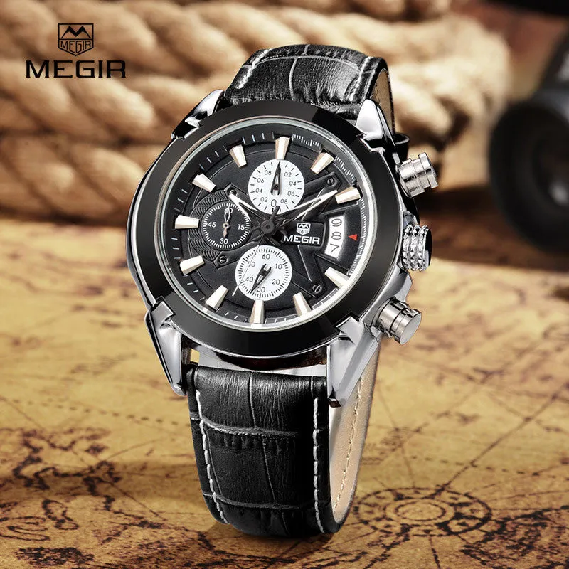 New megir fashion leather sports quartz watch for man military chronograph wrist watches men army style