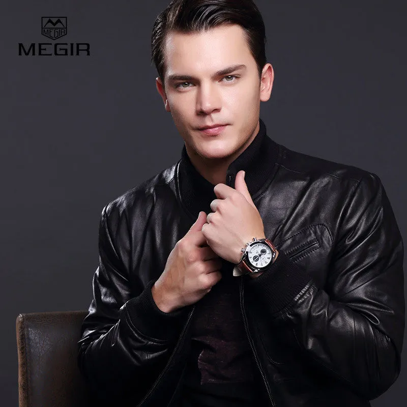 New megir fashion leather sports quartz watch for man military chronograph wrist watches men army style
