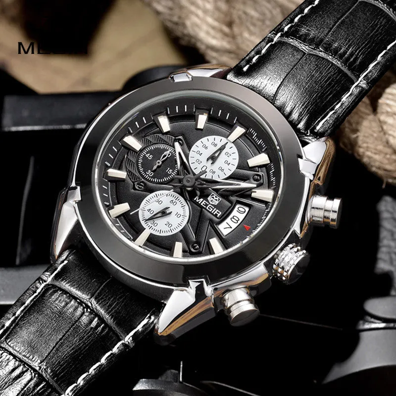 New megir fashion leather sports quartz watch for man military chronograph wrist watches men army style