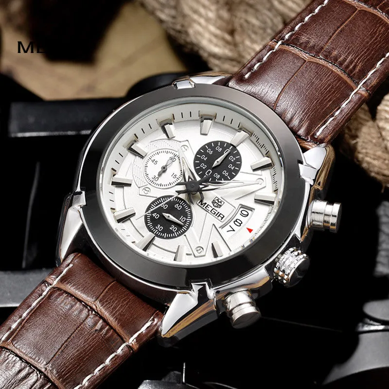 New megir fashion leather sports quartz watch for man military chronograph wrist watches men army style