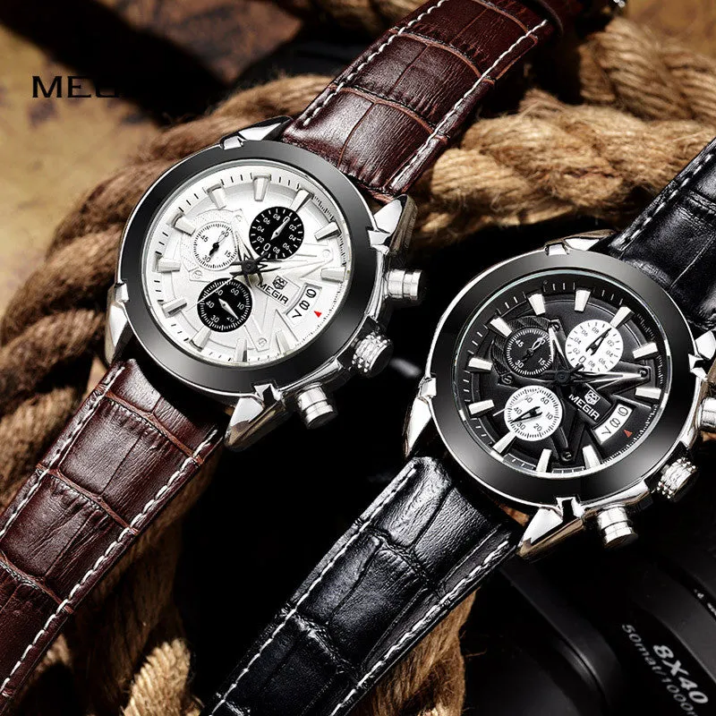 New megir fashion leather sports quartz watch for man military chronograph wrist watches men army style